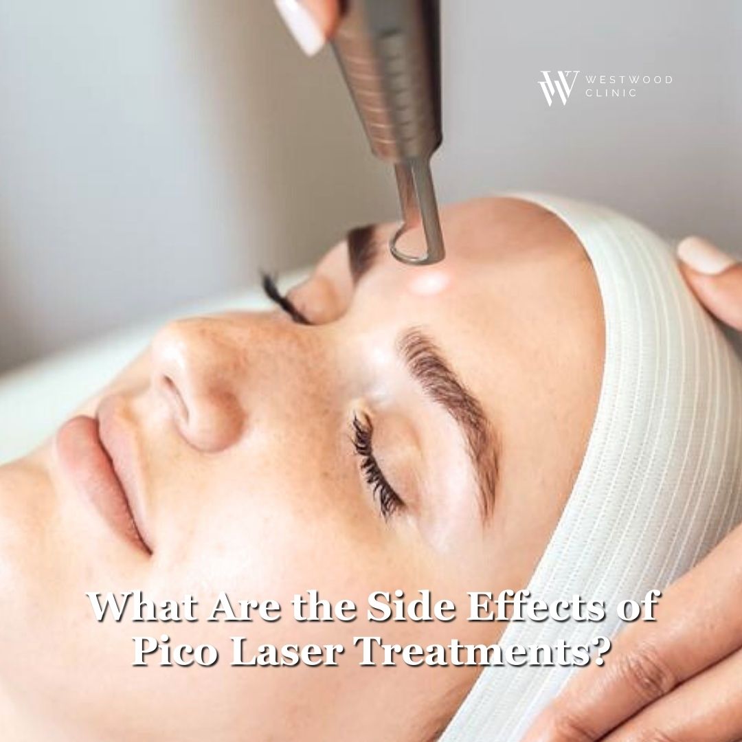 Clinician treating the forehead of a woman lying back with a pico laser handpiece