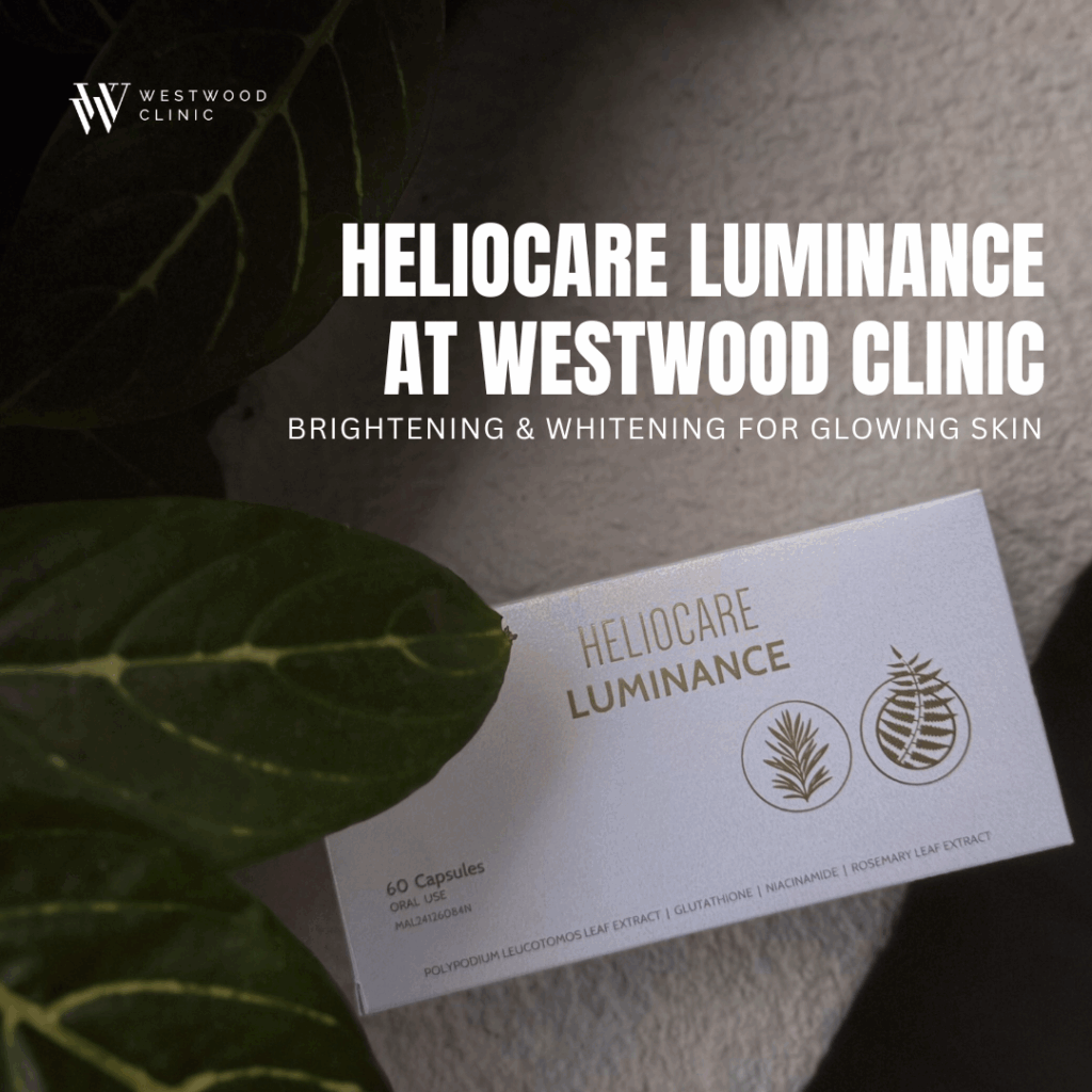 Heliocare Luminance supplement box at Westwood Clinic placed on soft fabric with green leave in the background