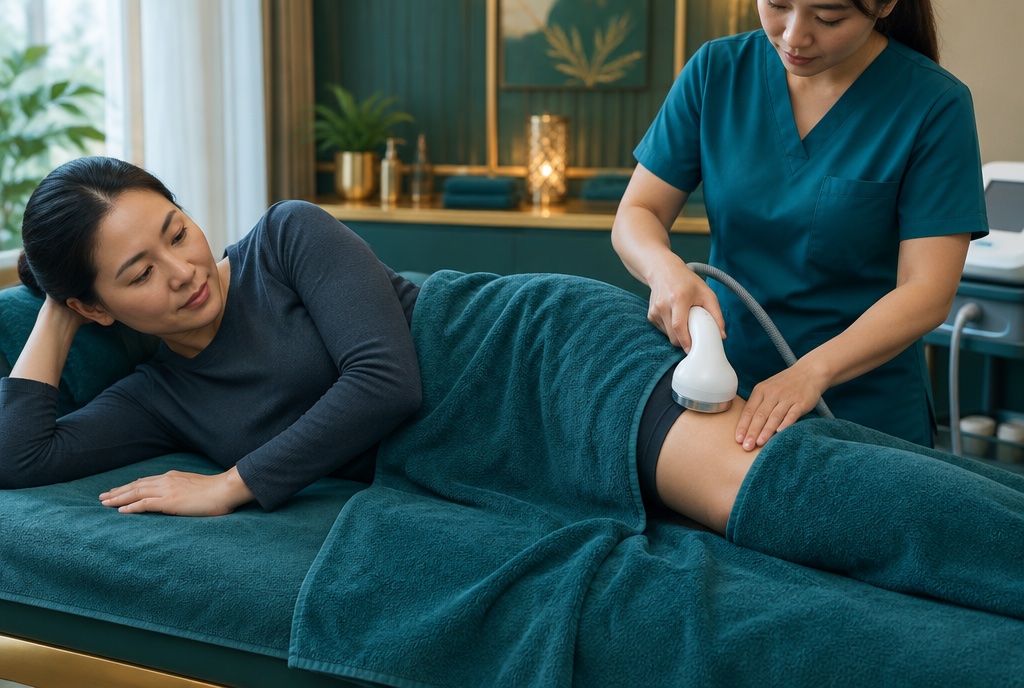 Clinician using a radiofrequency device on a small area of a woman's outer thigh, the rest covered with towels