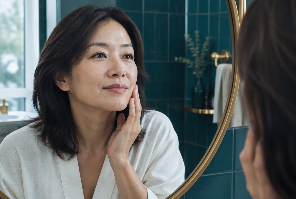 Woman in her forties checking her jawline in a mirror