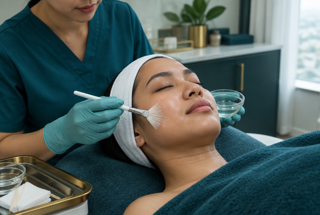 Clinician brushing a chemical peel solution onto a woman's cheek