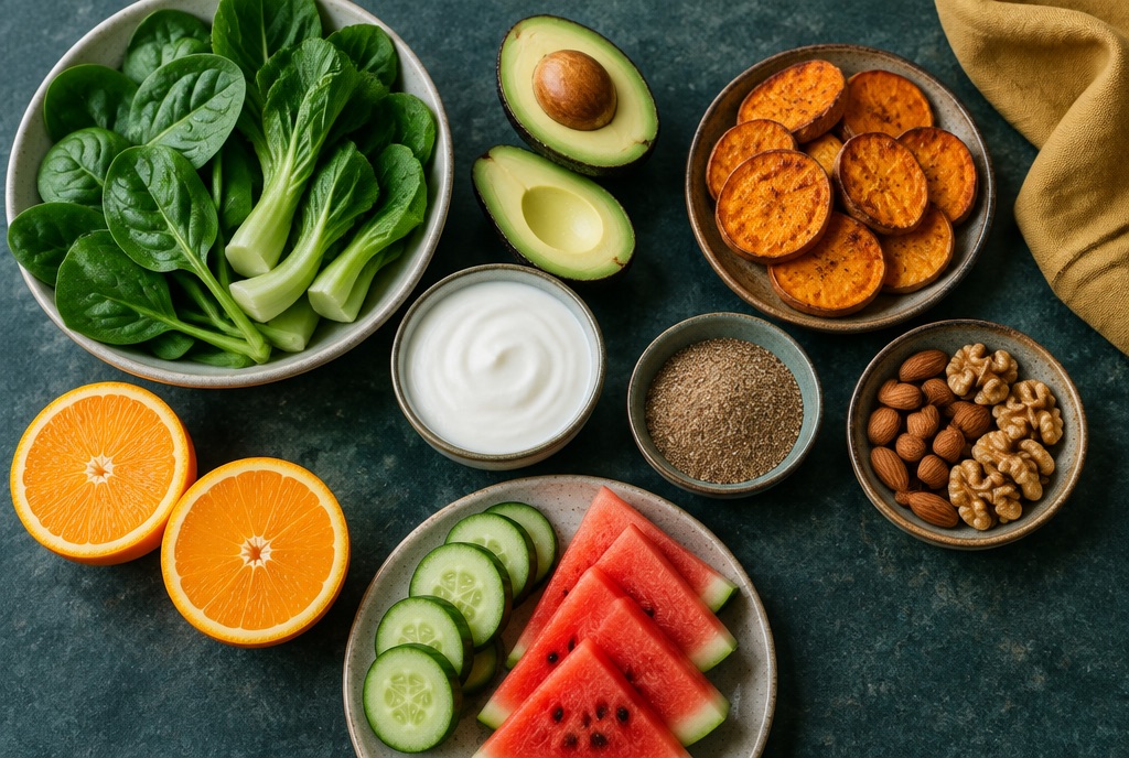Leafy greens, avocado, sweet potato, yoghurt, flaxseed, nuts, oranges, cucumber and watermelon on a table