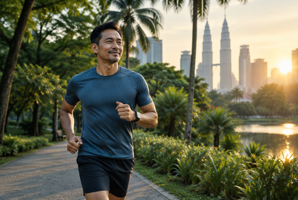 Lelaki berjoging di taman bandar Kuala Lumpur sebagai sebahagian gaya hidup sihat