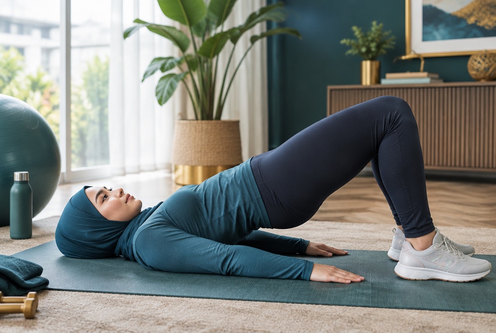 Woman doing a glute bridge exercise on a mat at home