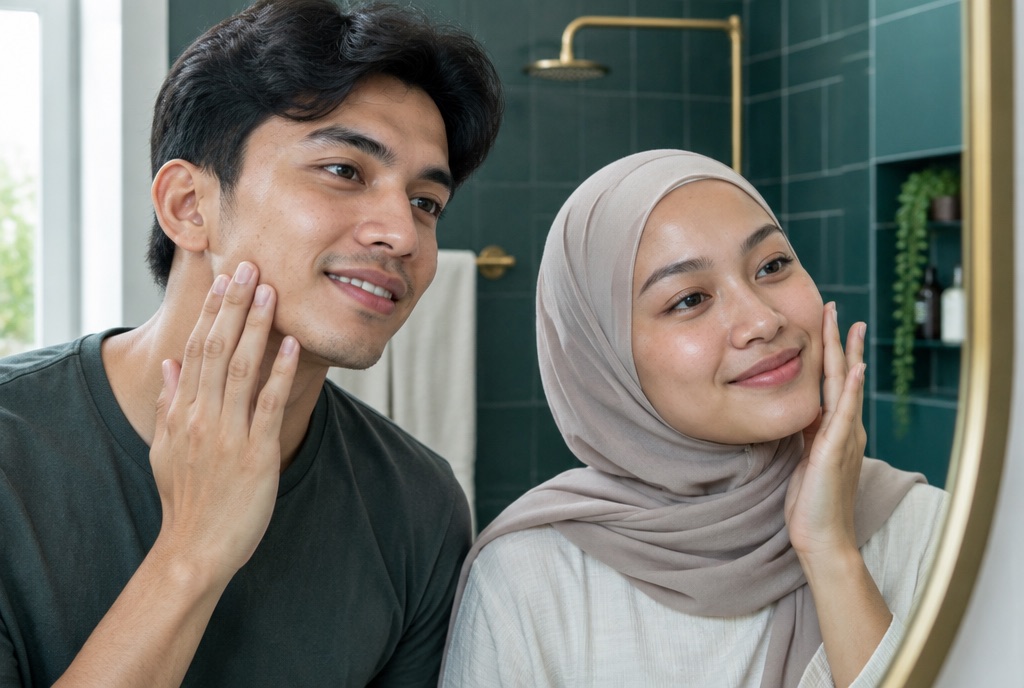 Man and woman checking their skin in a bathroom mirror
