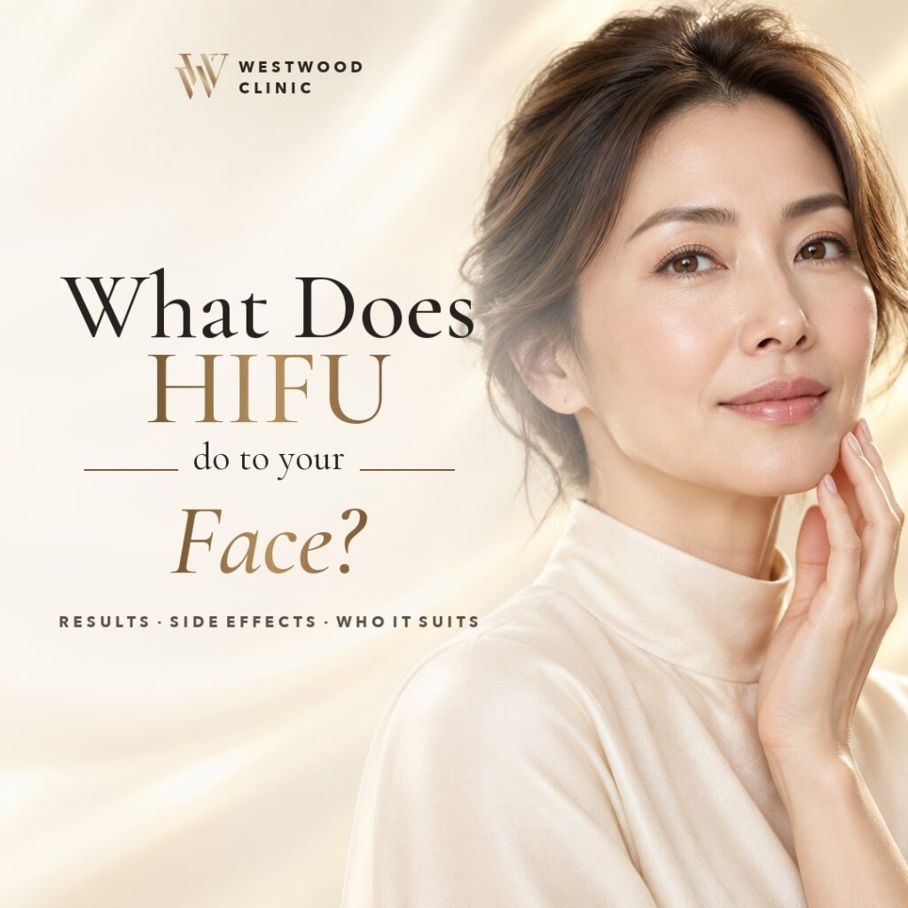 Woman in her forties gently touching her jawline