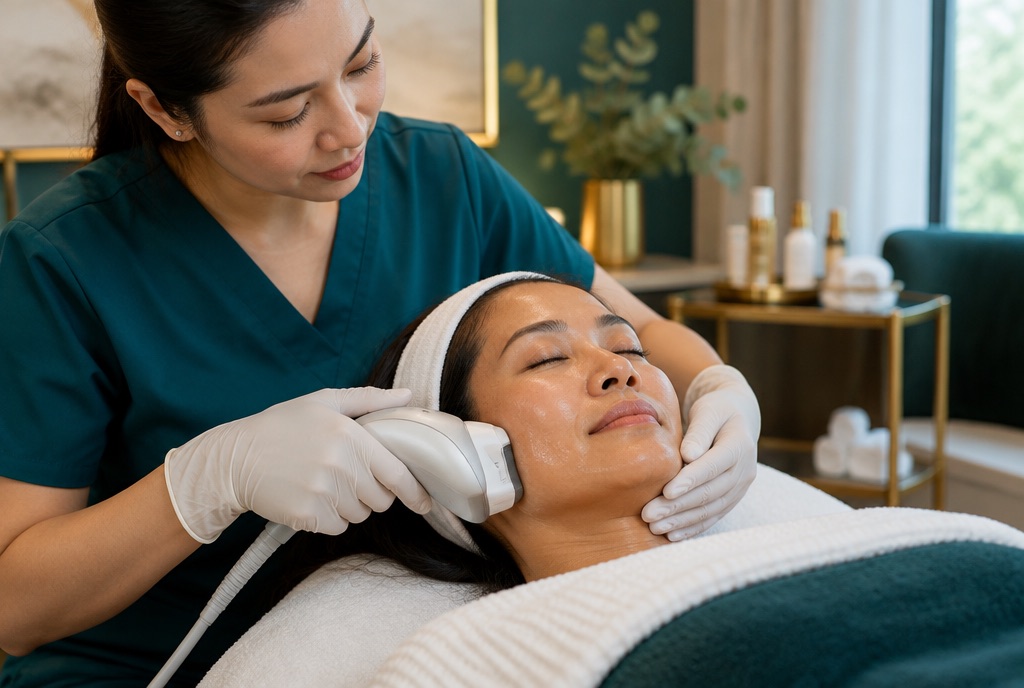 Clinician using a focused ultrasound handpiece along a woman's jawline