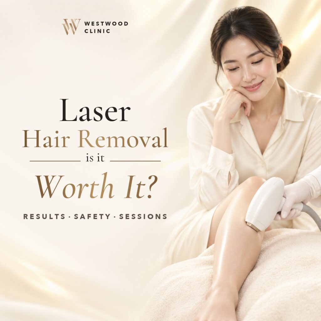 Woman smiling during a laser hair removal session on her lower leg