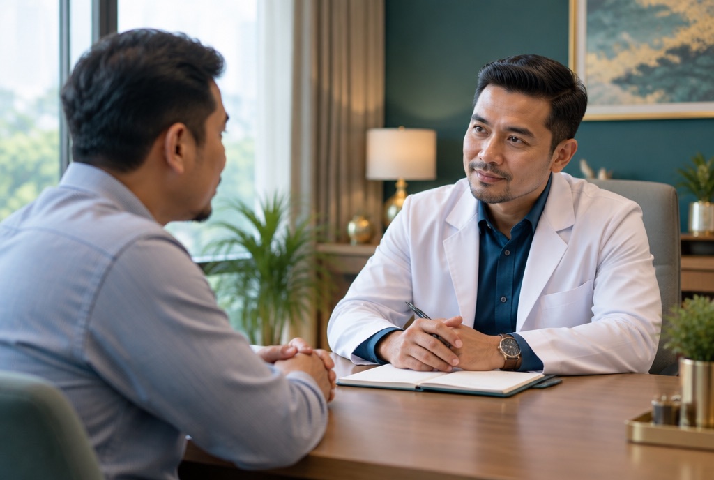 Lelaki berbincang secara sulit dengan doktor tentang masalah ereksi