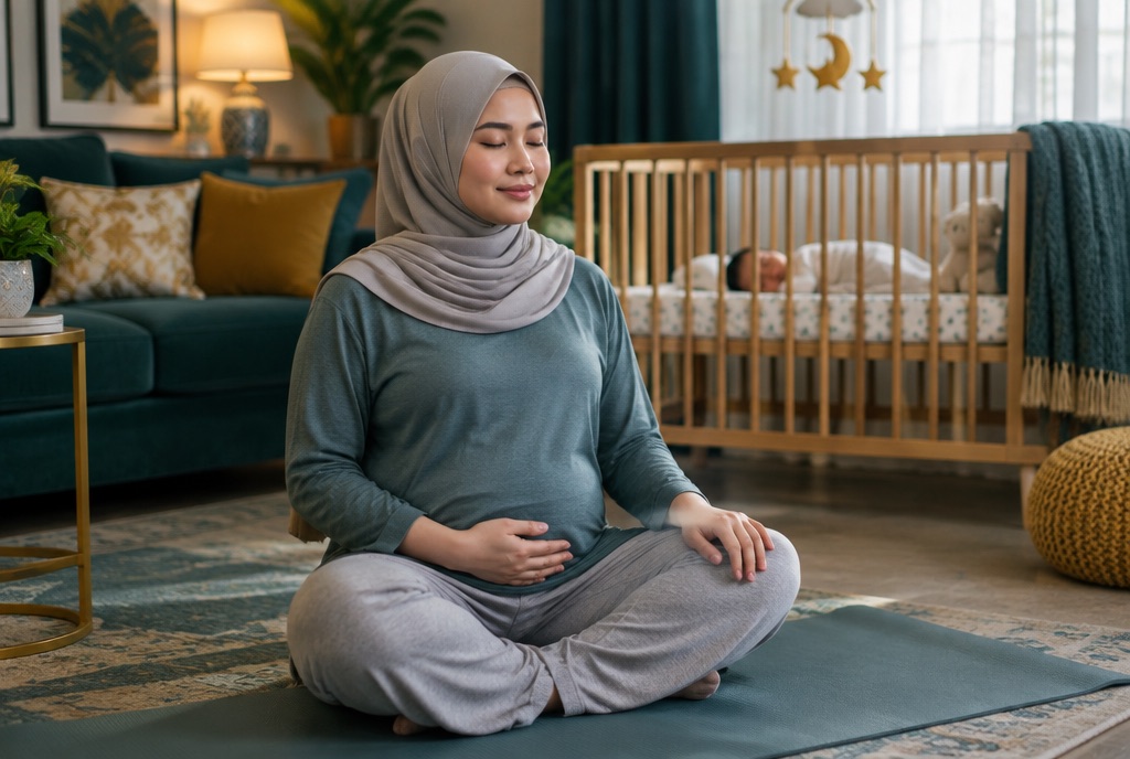 New mother breathing calmly on a mat at home while her baby sleeps