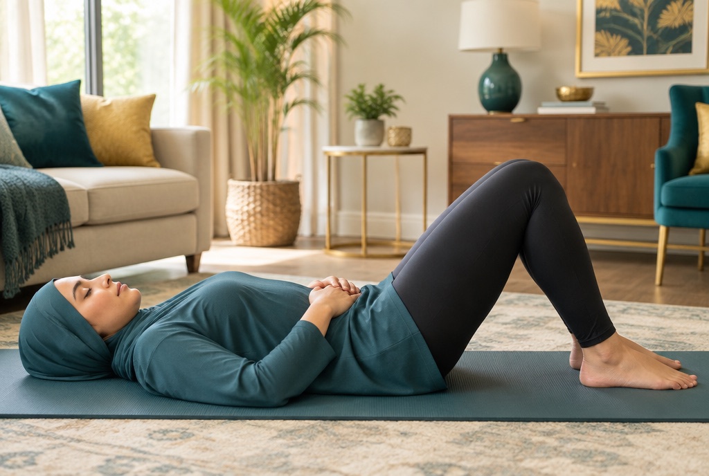 Woman lying on a mat at home doing a gentle pelvic floor exercise with knees bent