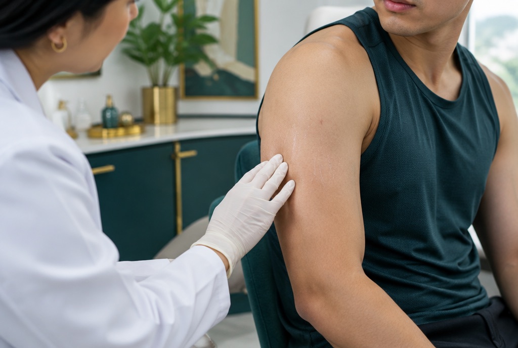 Clinician examining stretch marks on a man's upper arm