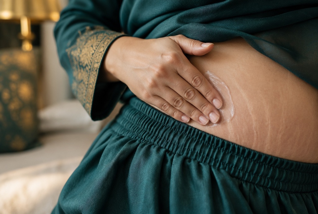 New mother applying moisturiser to faint stretch marks on her lower belly