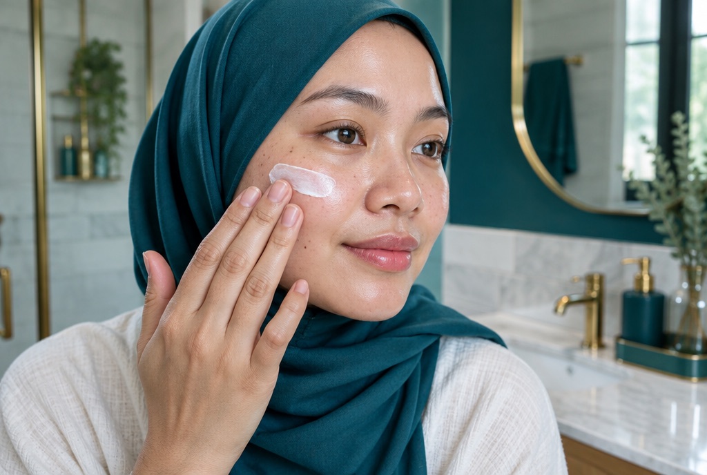 Wanita bertudung menyapu pelindung matahari pada pipinya
