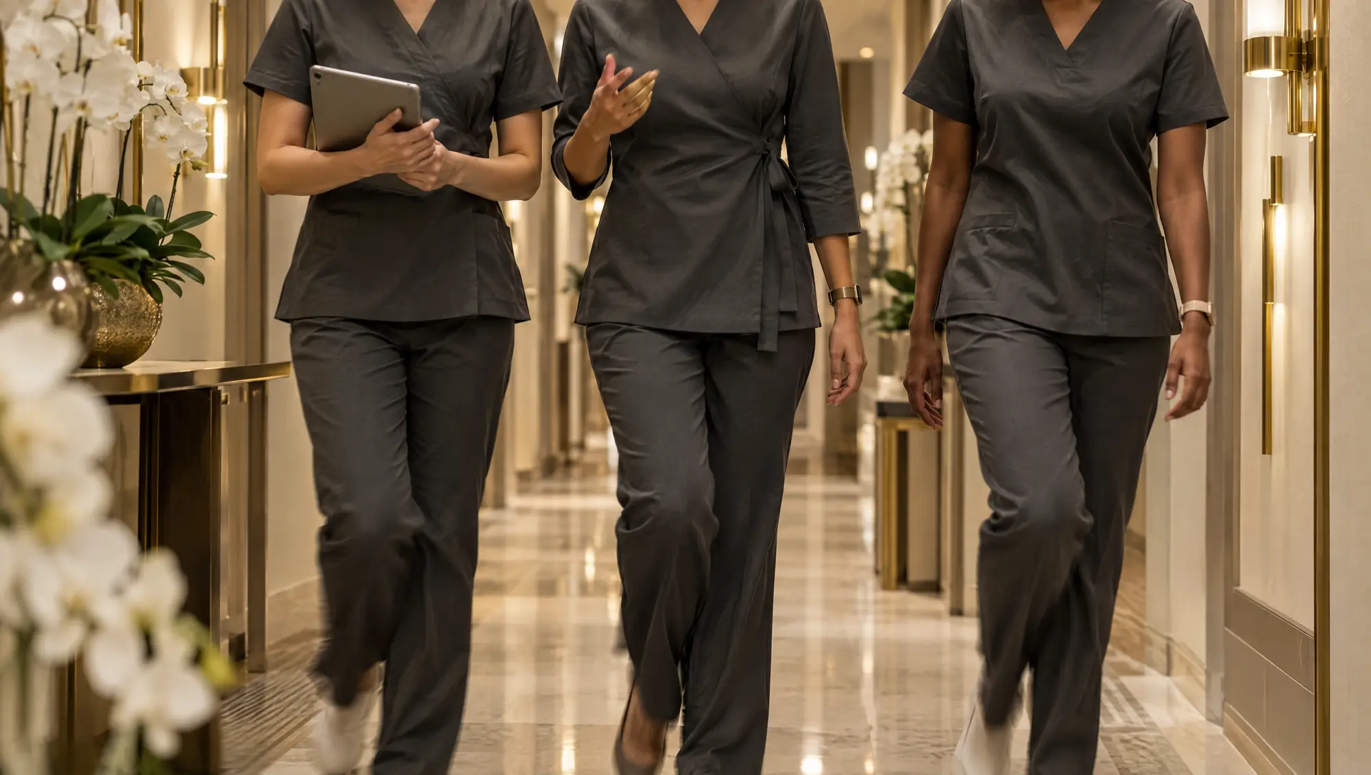 Westwood Clinic team walking along a clinic corridor