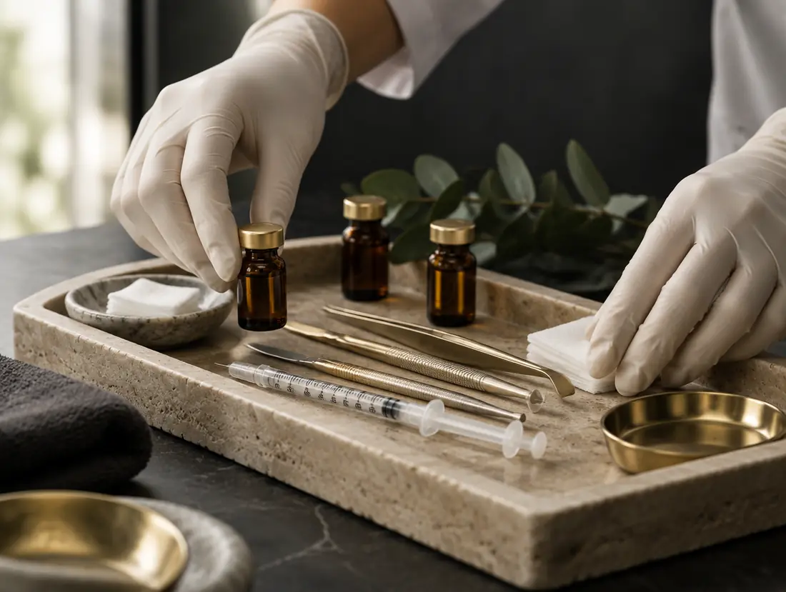 A clinician preparing a treatment tray