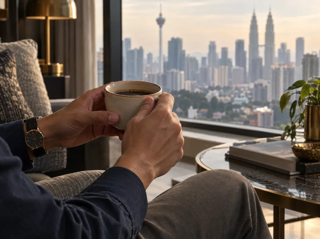Seorang lelaki memegang secawan kopi di tepi tingkap
