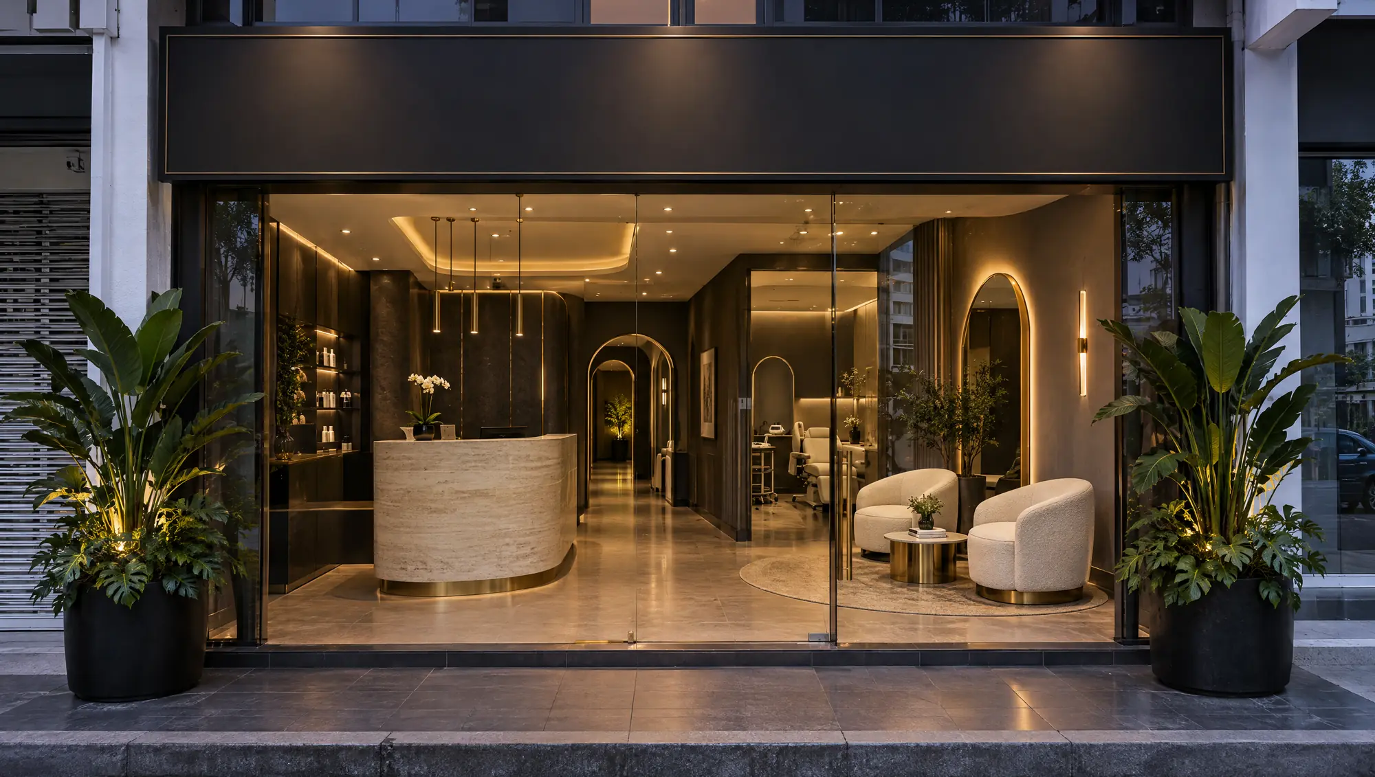 A boutique aesthetic clinic shopfront at dusk