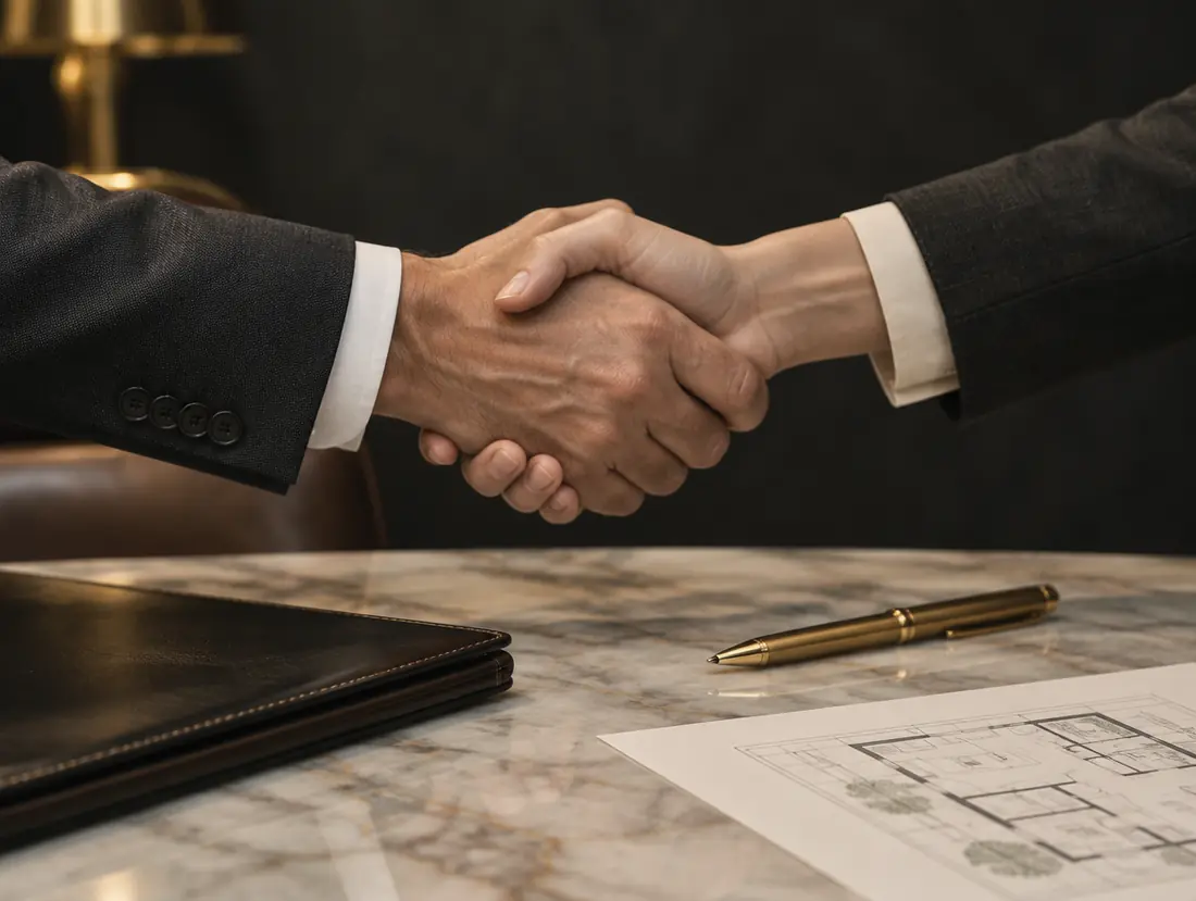 Two partners shaking hands over a meeting table