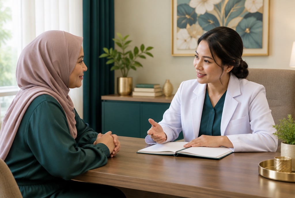 Woman talking privately with a female doctor in a consultation room