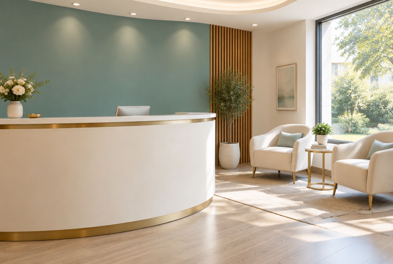 Bright, calm reception area of an aesthetic clinic