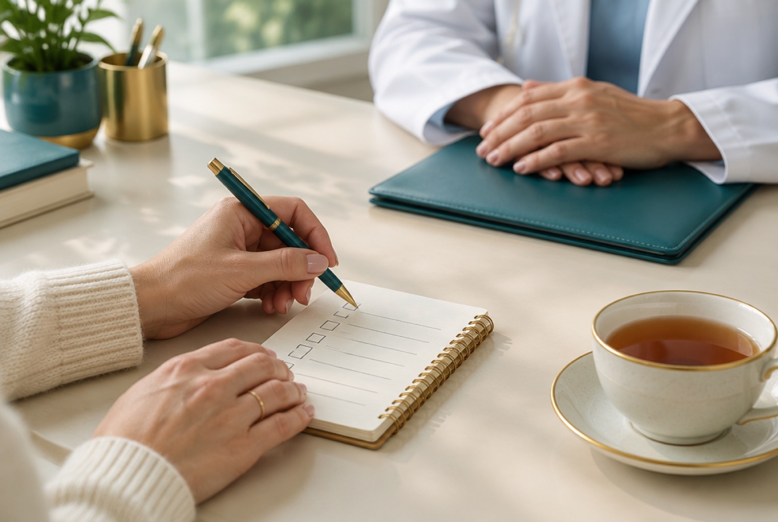 Hands ticking a checklist in a notebook during a clinic consultation