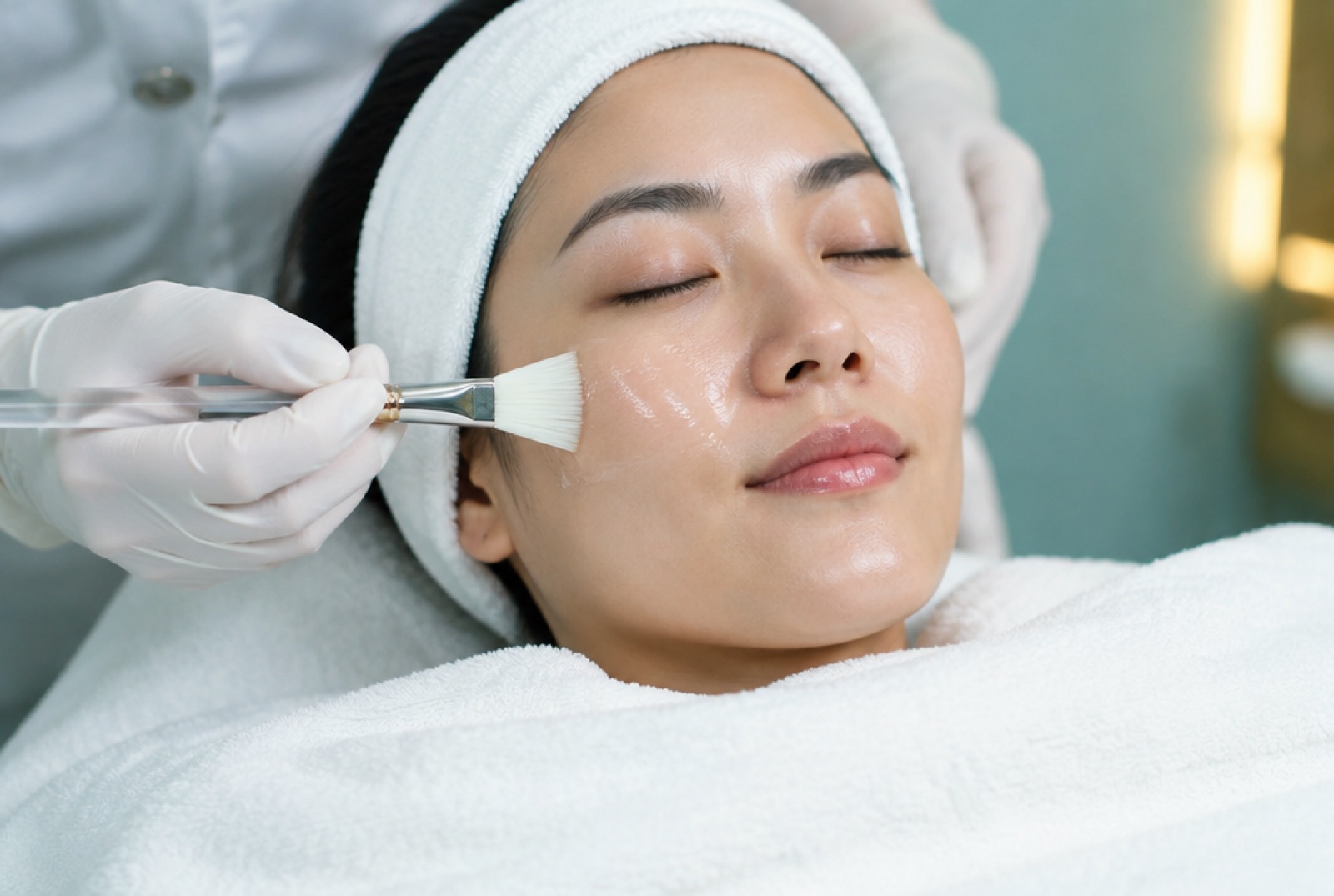 Clinician brushing a hydrating serum onto a woman's cheek during a clinic facial
