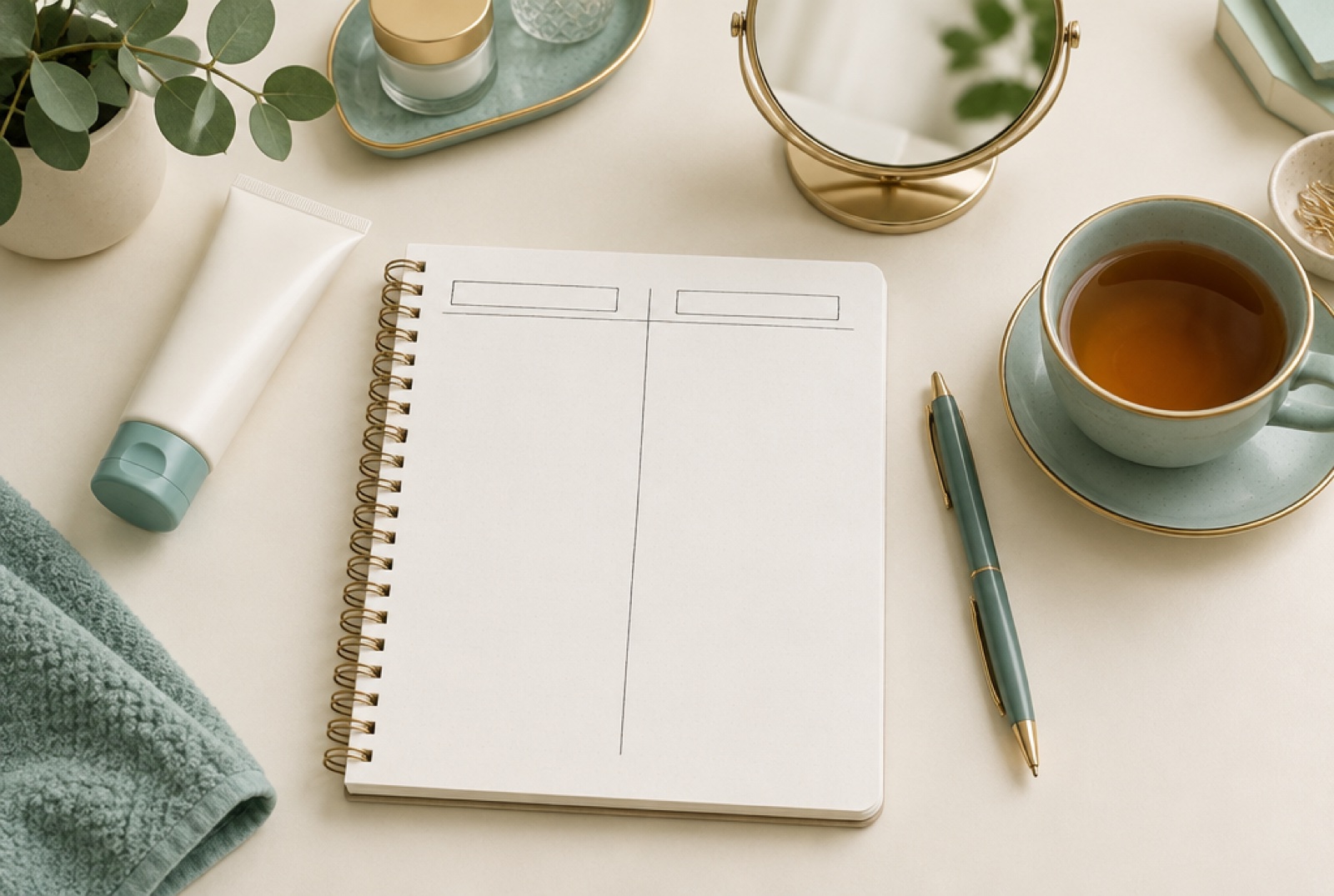 Notebook with two columns, a mirror and sunscreen on a desk for comparing treatment options