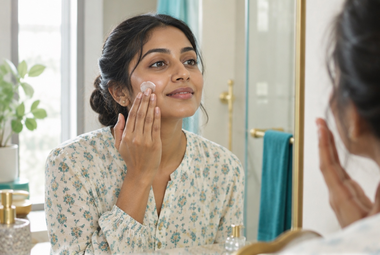 Woman applying moisturiser to her cheek in front of a bathroom mirror