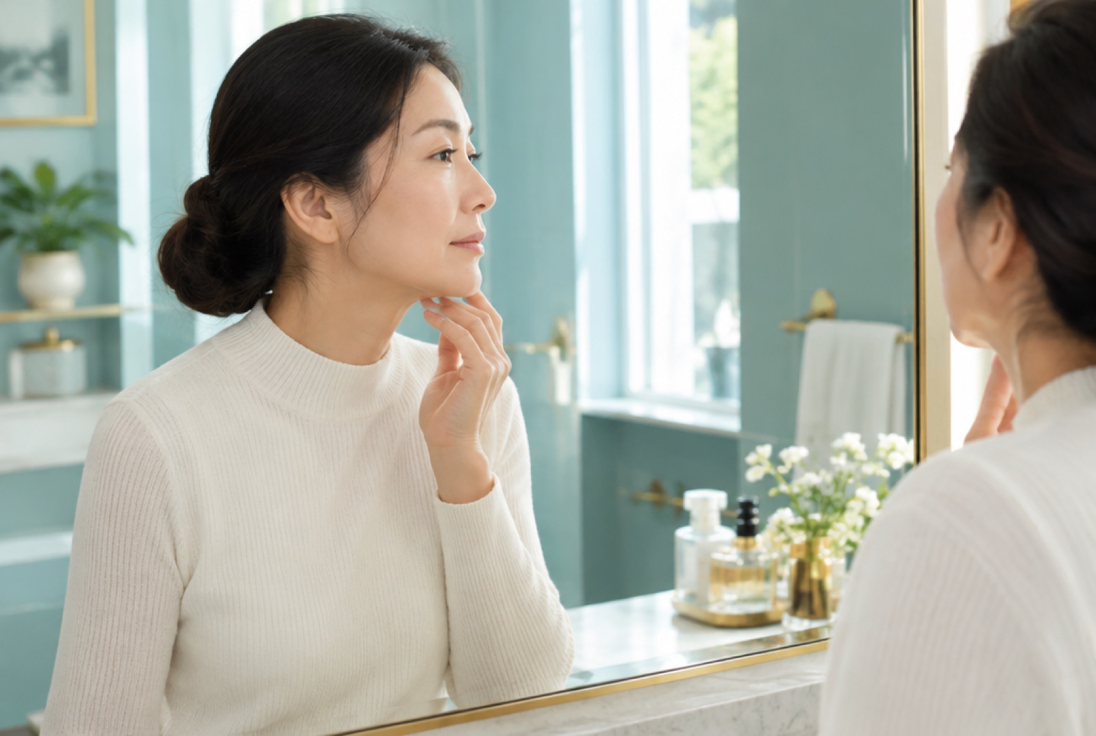 Woman in her forties checking the area under her chin in a mirror