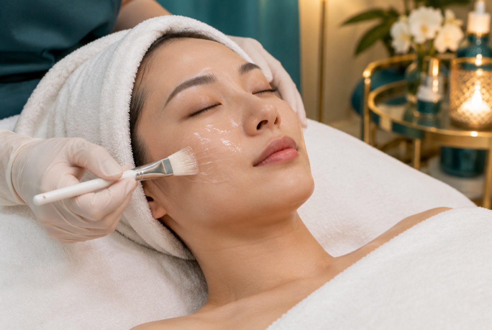 Woman relaxing during a facial while a gel mask is brushed onto her cheek