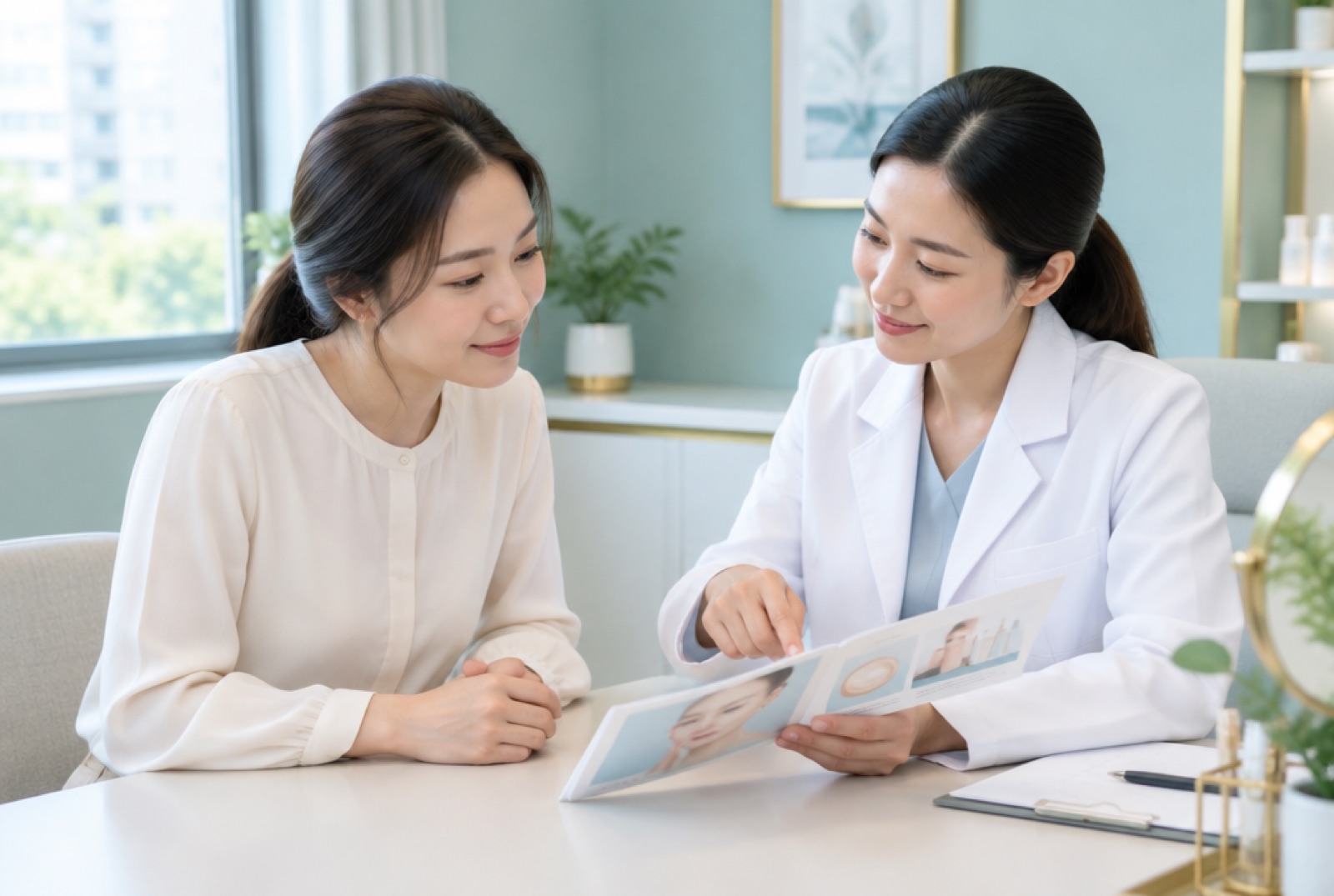 Woman discussing facial treatment options with a clinician at a consultation desk