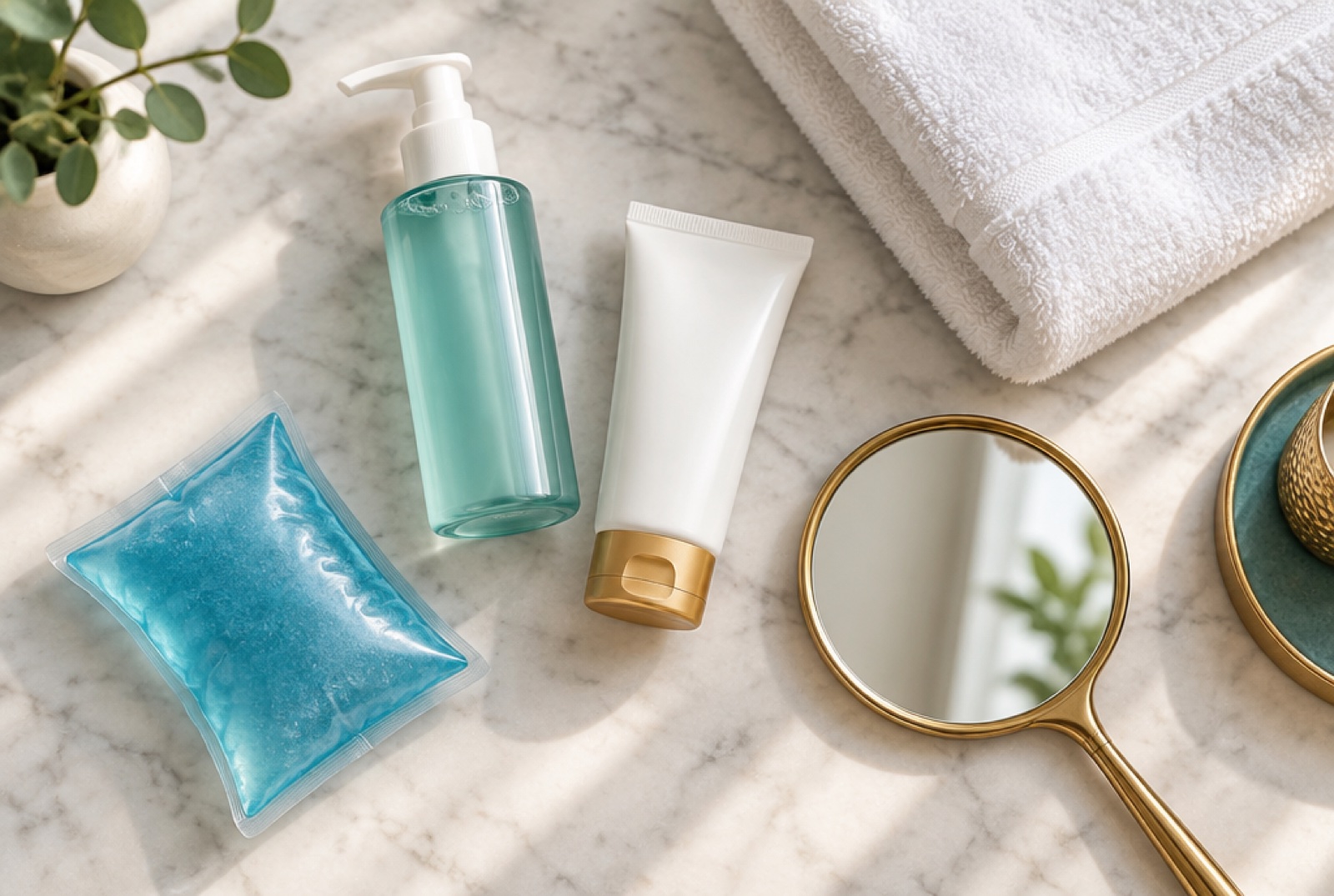 Gentle cleanser, sunscreen, cool compress and towel on a bathroom counter
