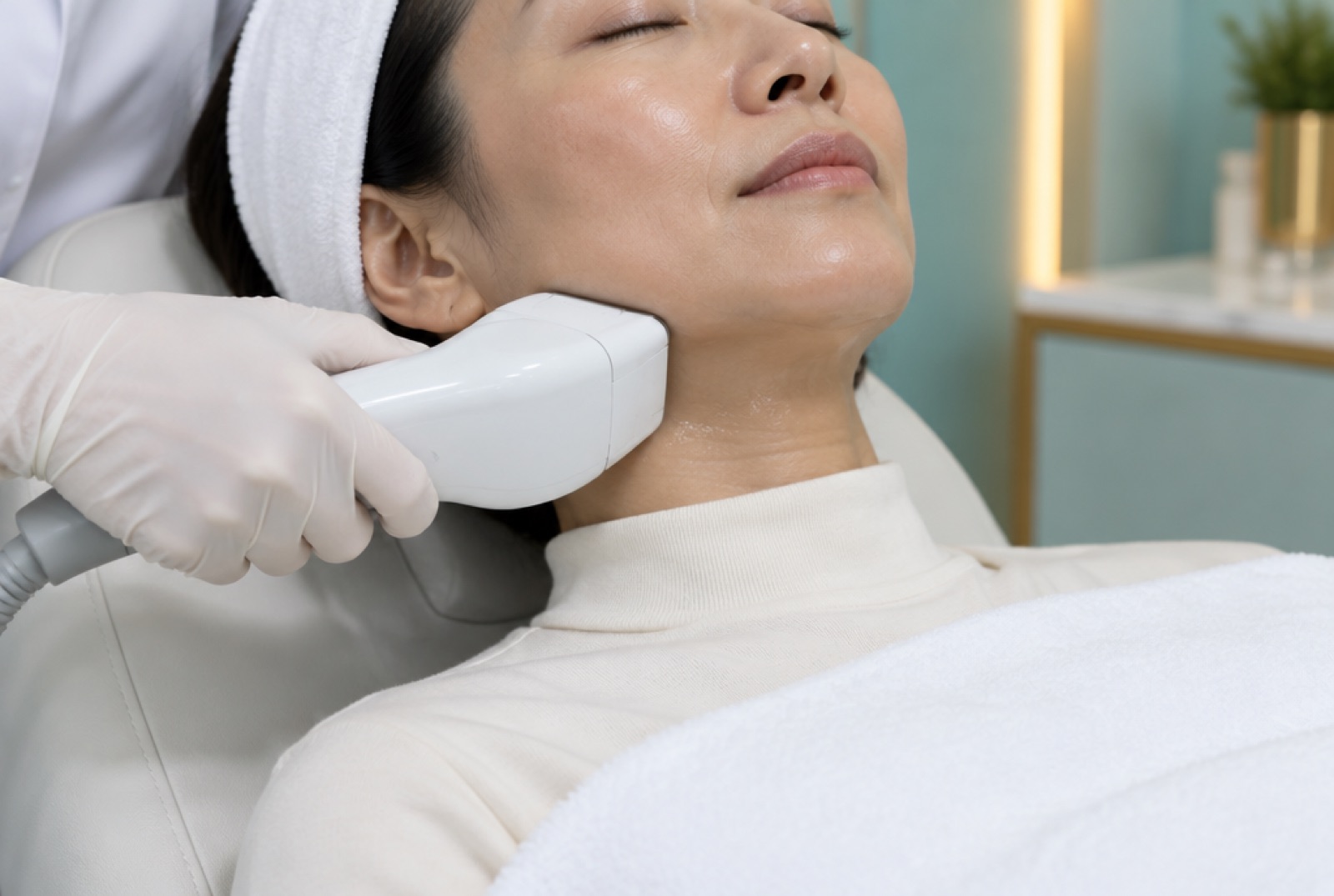 Clinician holding an ultrasound handpiece under a woman's jawline