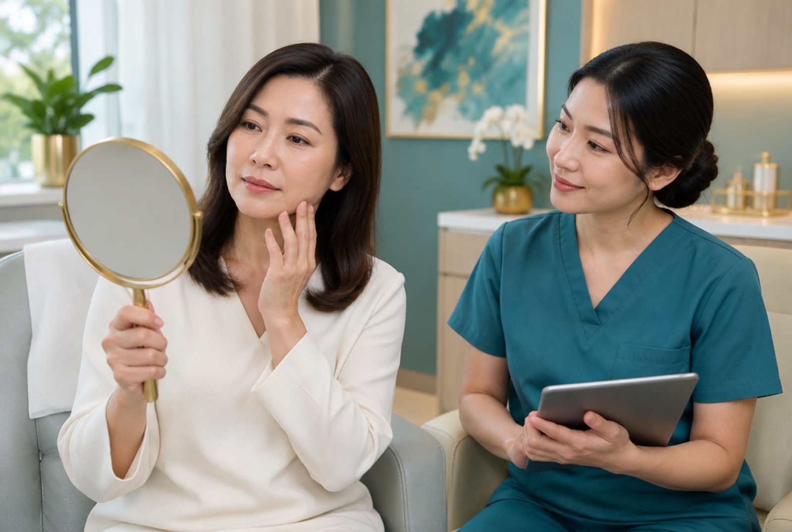 Woman checking her jawline in a hand mirror beside a doctor holding a tablet