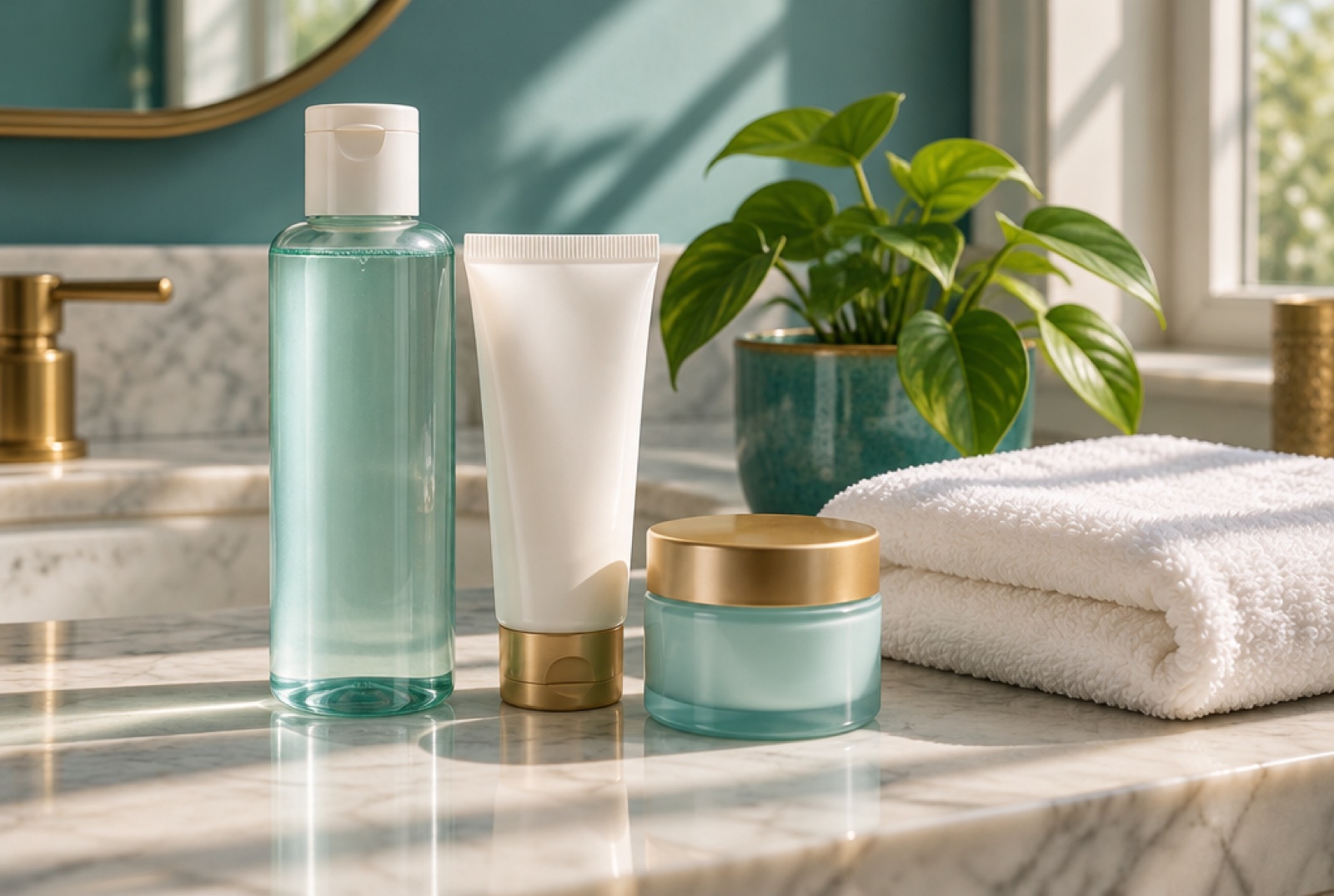 Cleanser, sunscreen, moisturiser and towel on a bathroom counter
