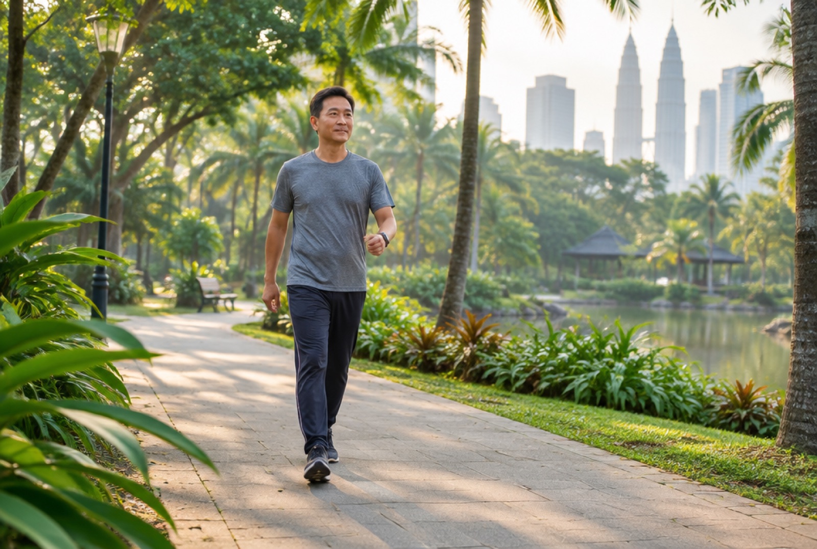 Man in his fifties taking a brisk morning walk in a city park