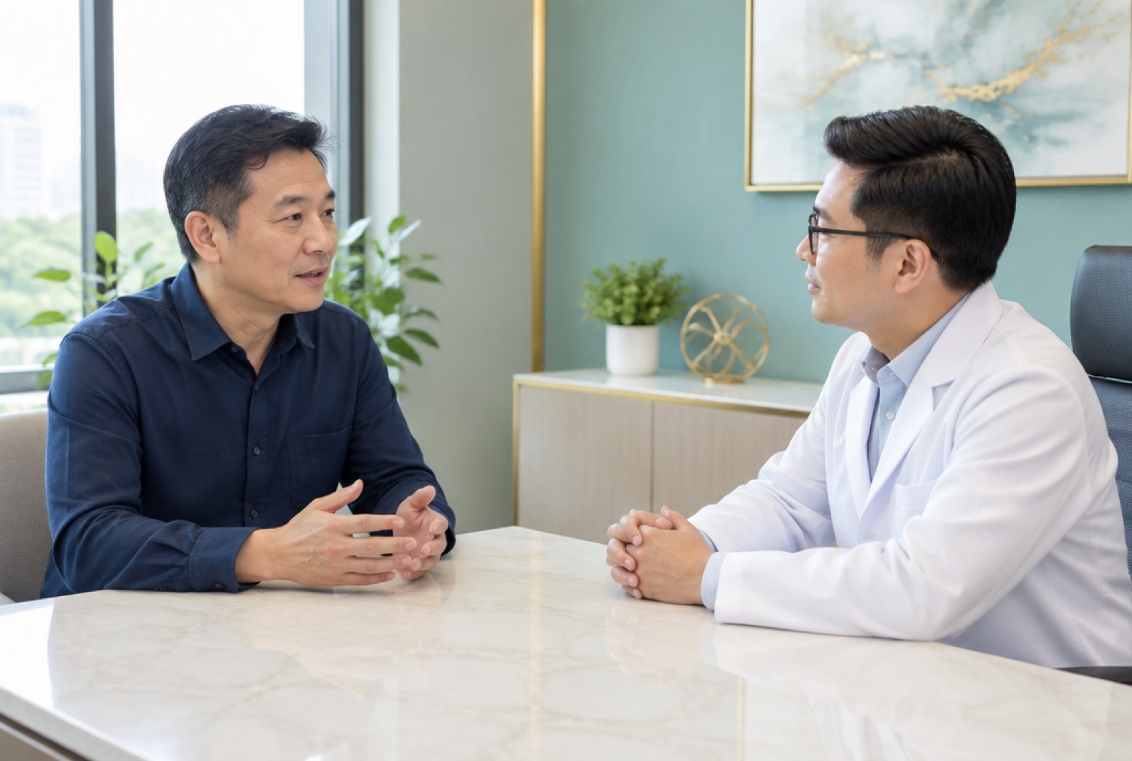 Man in his forties talking privately with a doctor in a consultation room