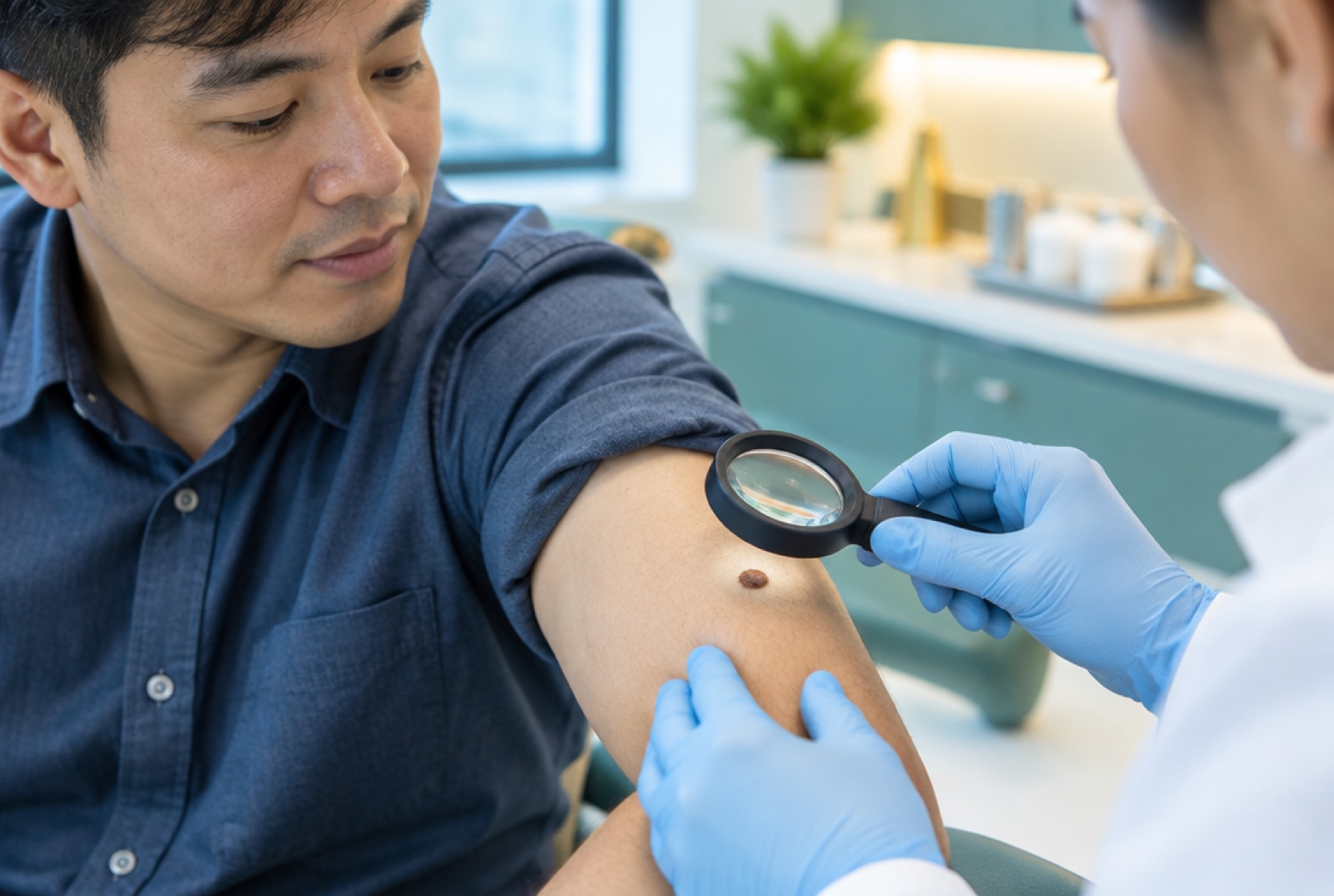 Clinician checking a mole on a man's upper arm with a magnifying lens