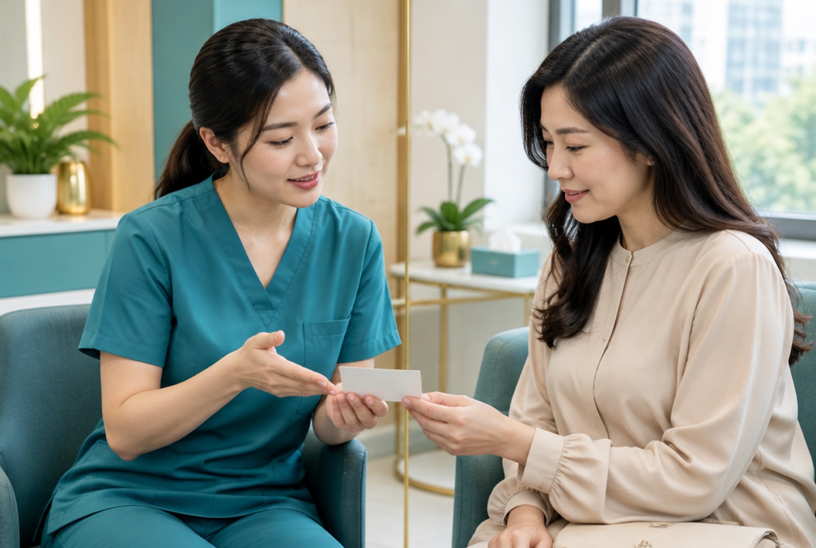 Clinician handing a woman an aftercare card during a follow-up chat