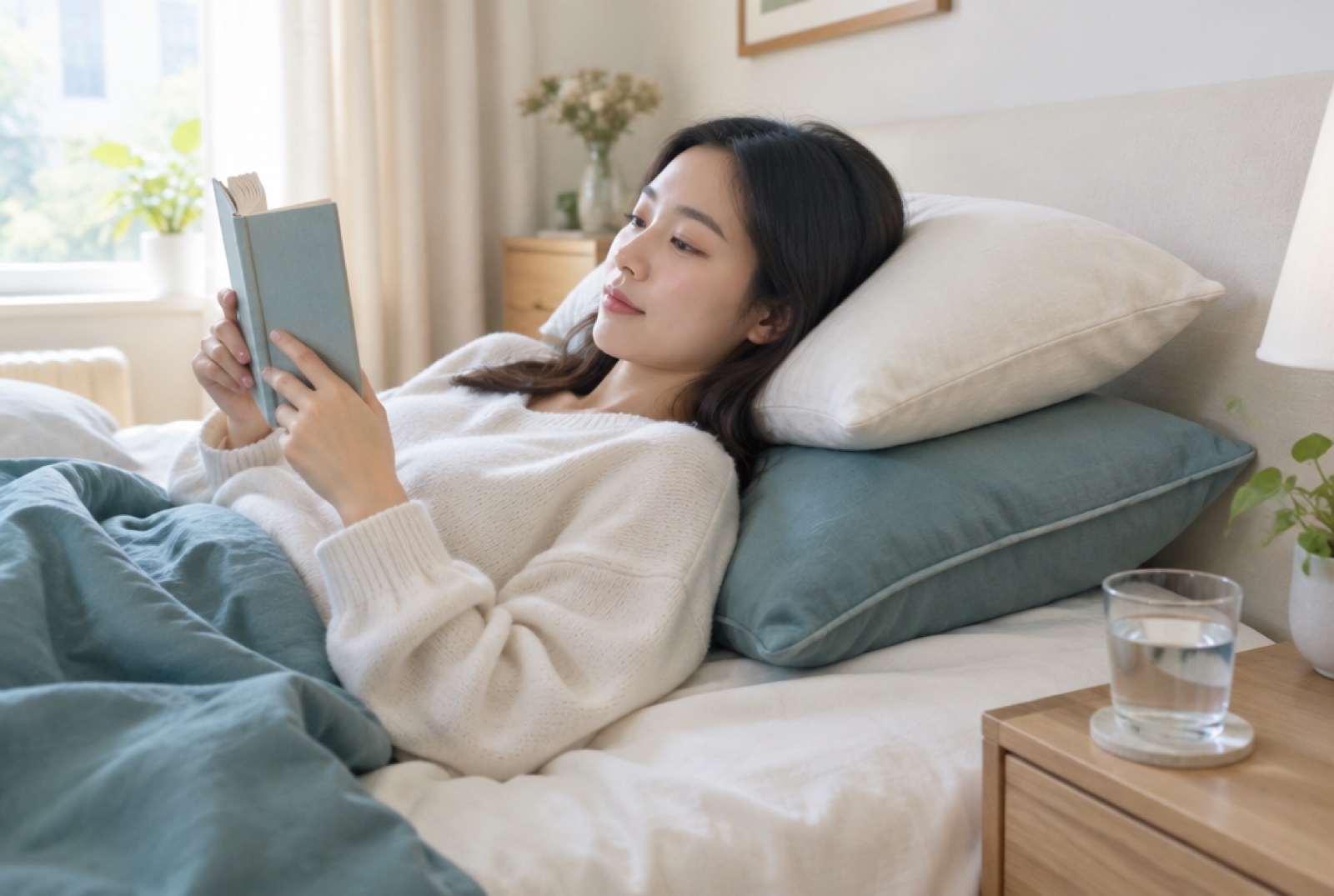 Woman resting at home with her head raised on pillows while reading