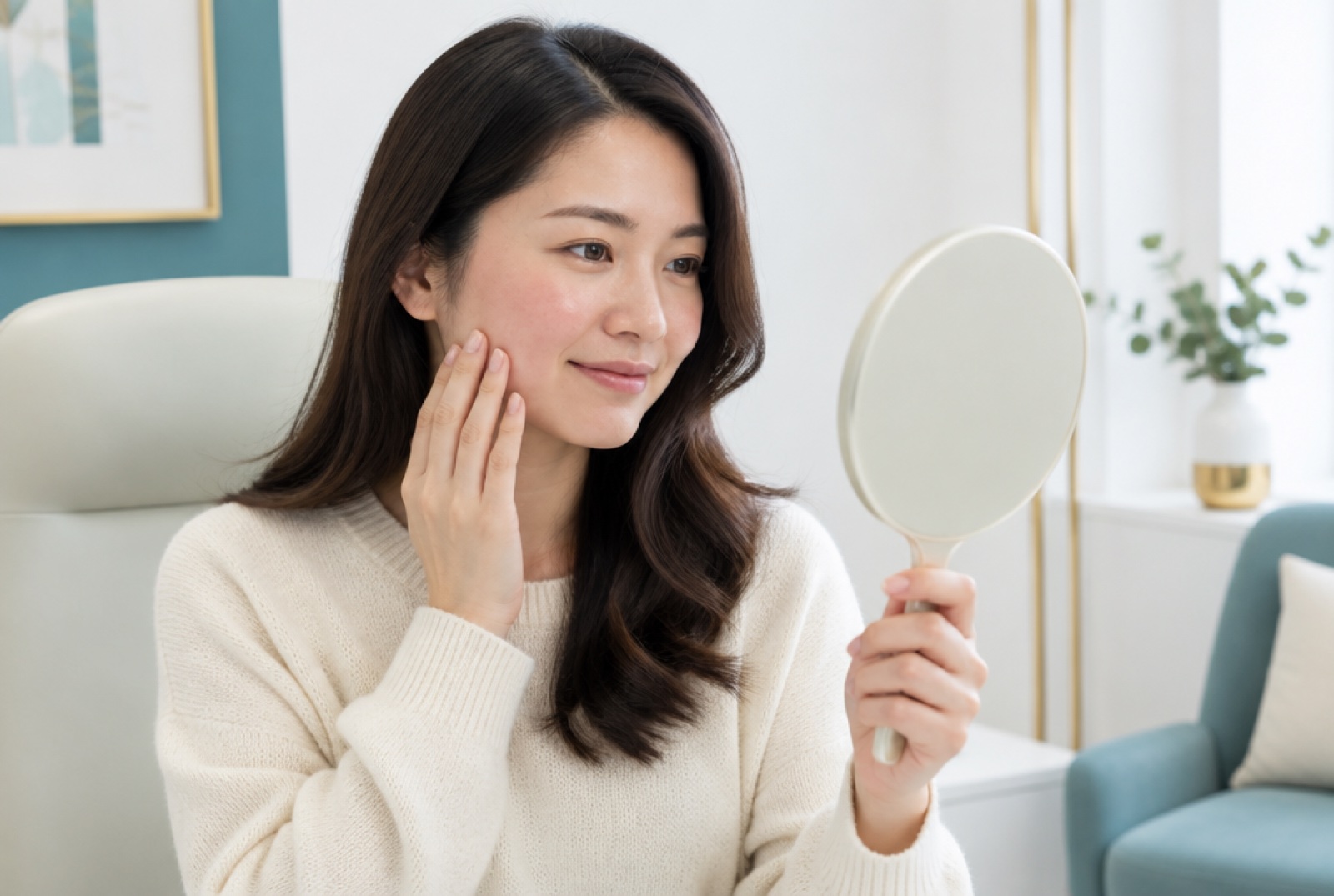 Woman checking mild redness on her cheek in a hand mirror at a clinic