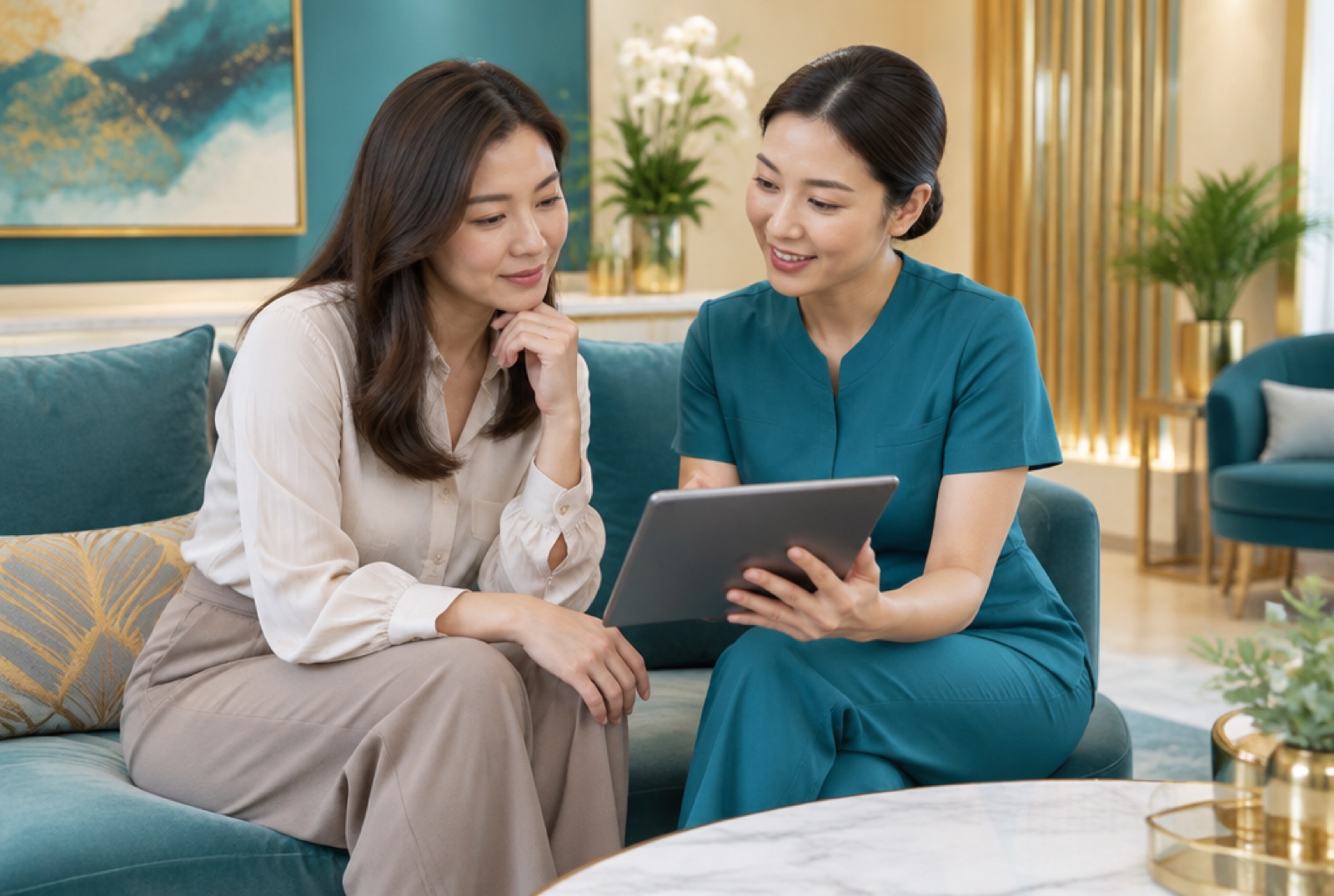 Woman reviewing treatment information on a tablet with a clinic consultant