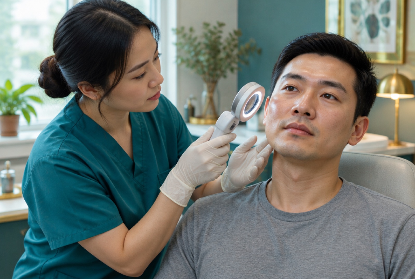 Clinician examining a man's cheek with a magnifying skin lamp