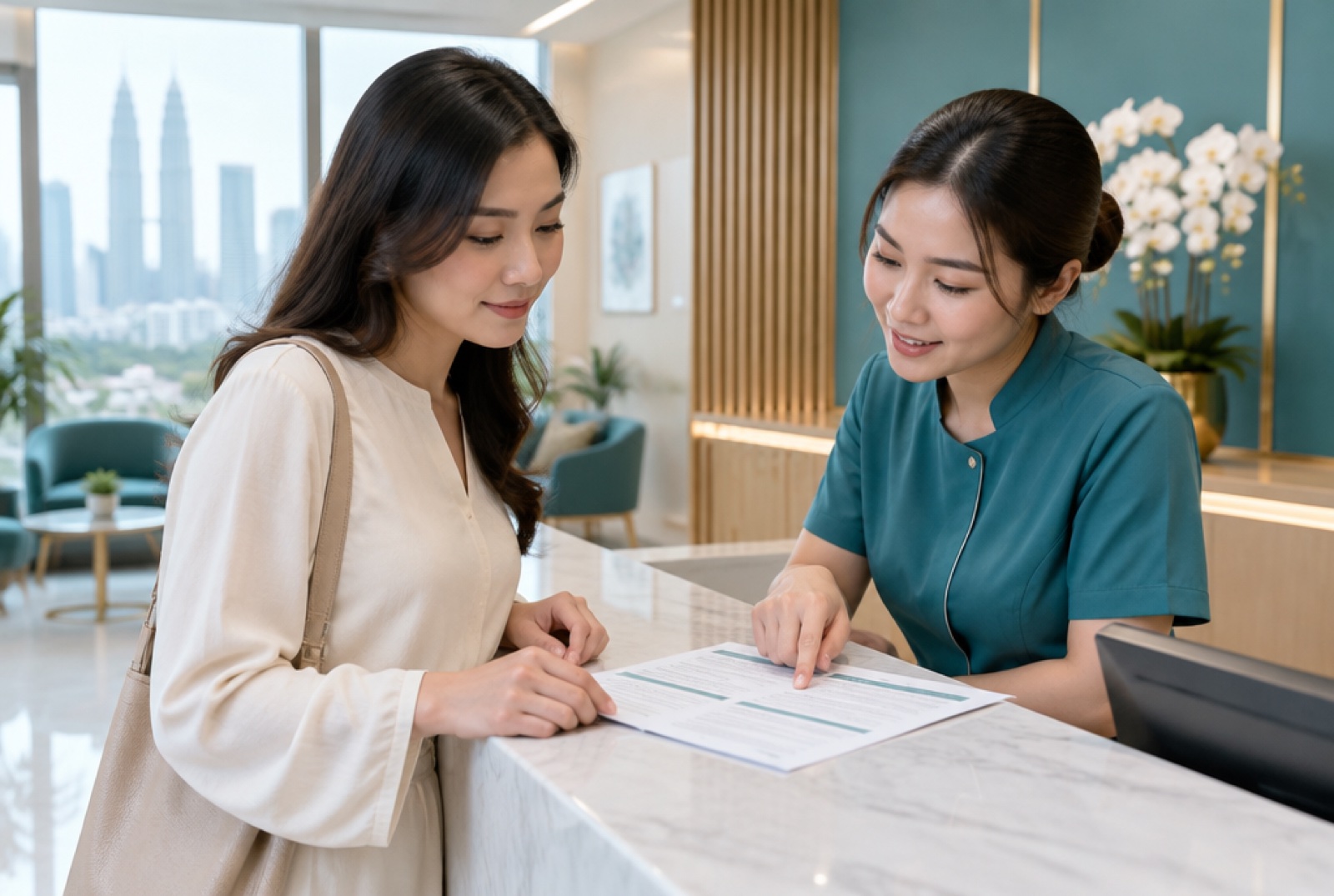 Woman reading a treatment information sheet at a skin clinic reception counter