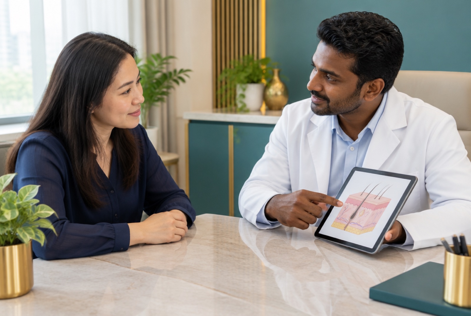 Doctor explaining a skin diagram on a tablet to a woman at a consultation desk