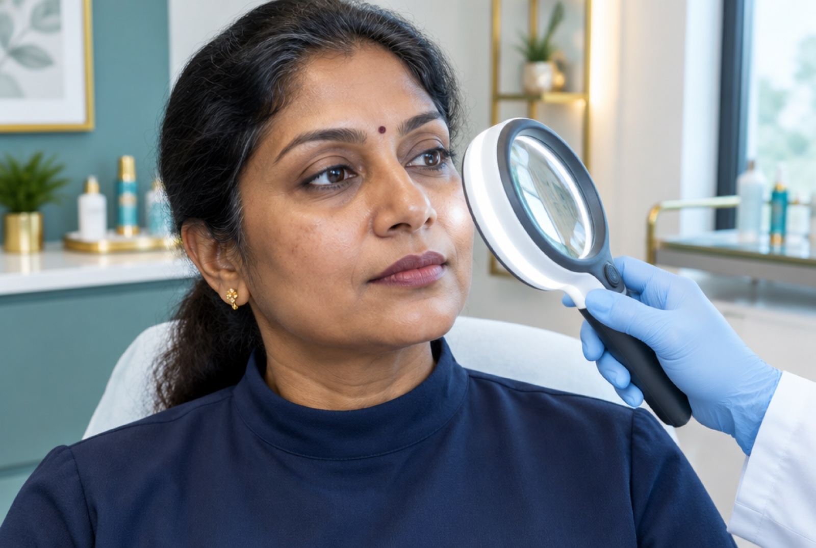 Doctor examining a woman's cheek with a magnifying lamp during a skin check