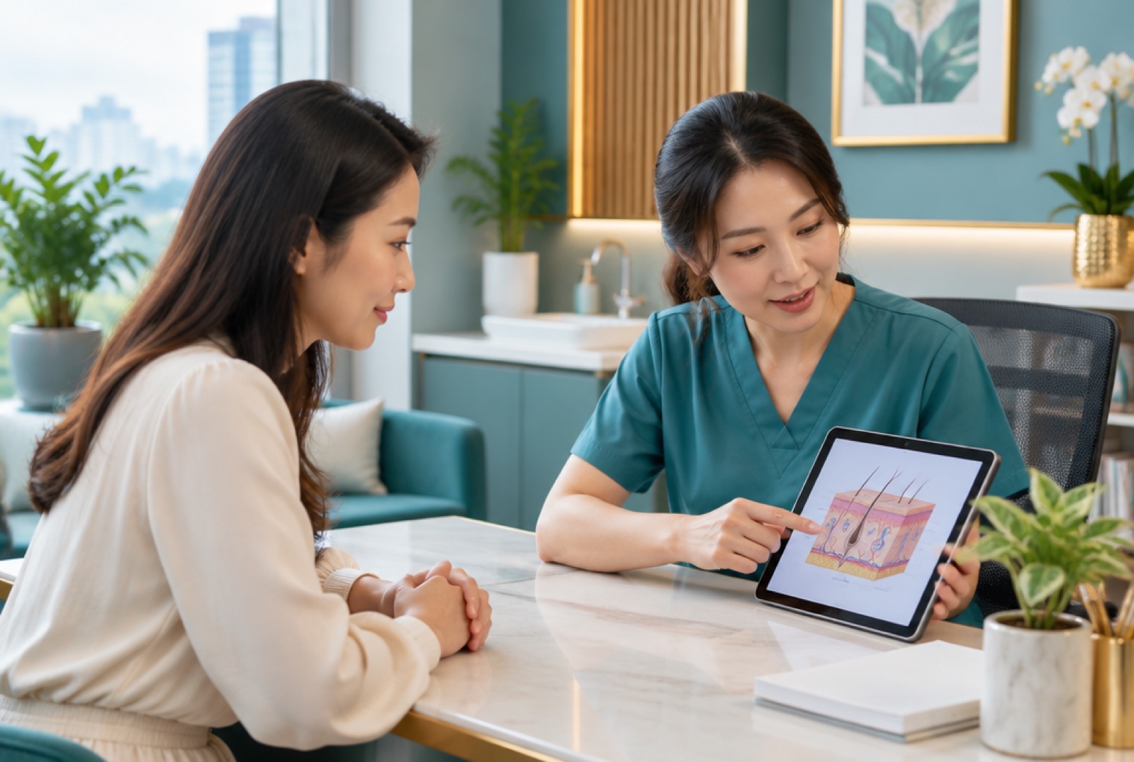 Woman discussing her skin concerns with a doctor at a clinic consultation desk