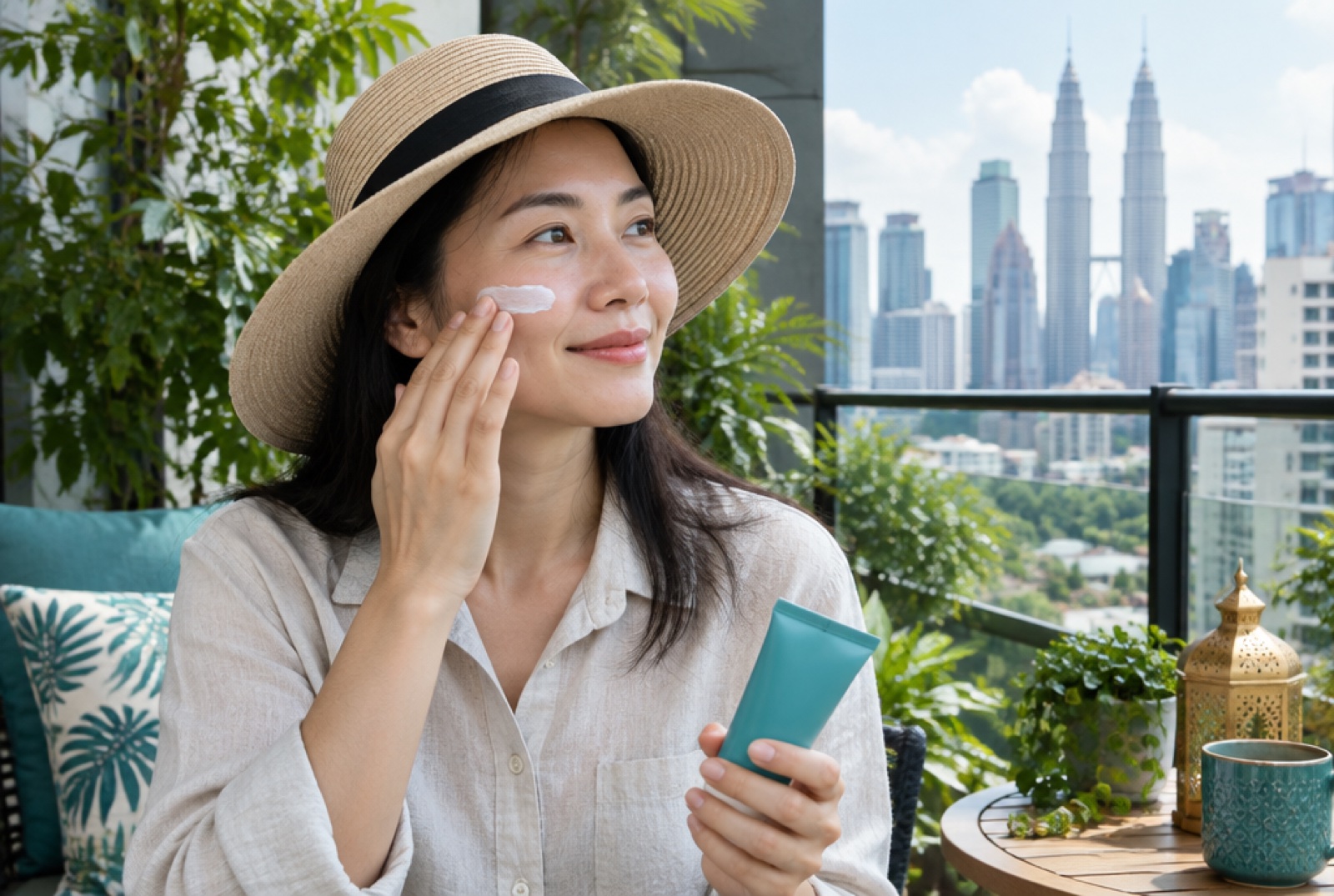 Woman in a wide-brim hat applying sunscreen to her cheek on a shaded balcony