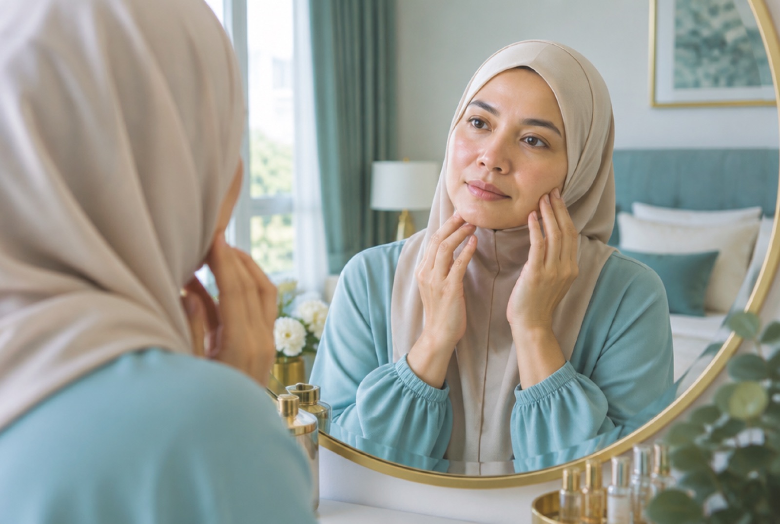 Wanita berhijab melihat cermin sambil menyentuh pipi dan garis rahang